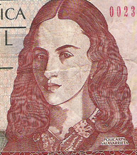 Policarpa Salavarrieta, seamstress, spy, and heroine of independence, on a 10,000-peso note from COLOMBIA.