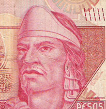 Nezahualcoyotl, 15th-Century sage, philosopher, poet, and king of the Acolhua, on a 100-peso note from MEXICO.