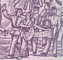 The are marchers in a procession for Chingay, a festival (originally Malaysian) that's part of a celebration for Chinese New Year, on a 2-dollar note from SINGAPORE.