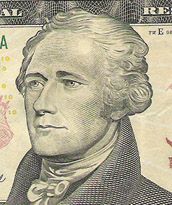 Alexander Hamilton, former president of the United States, and victim of a duel, on a 10-dollar note from the UNITED STATES.